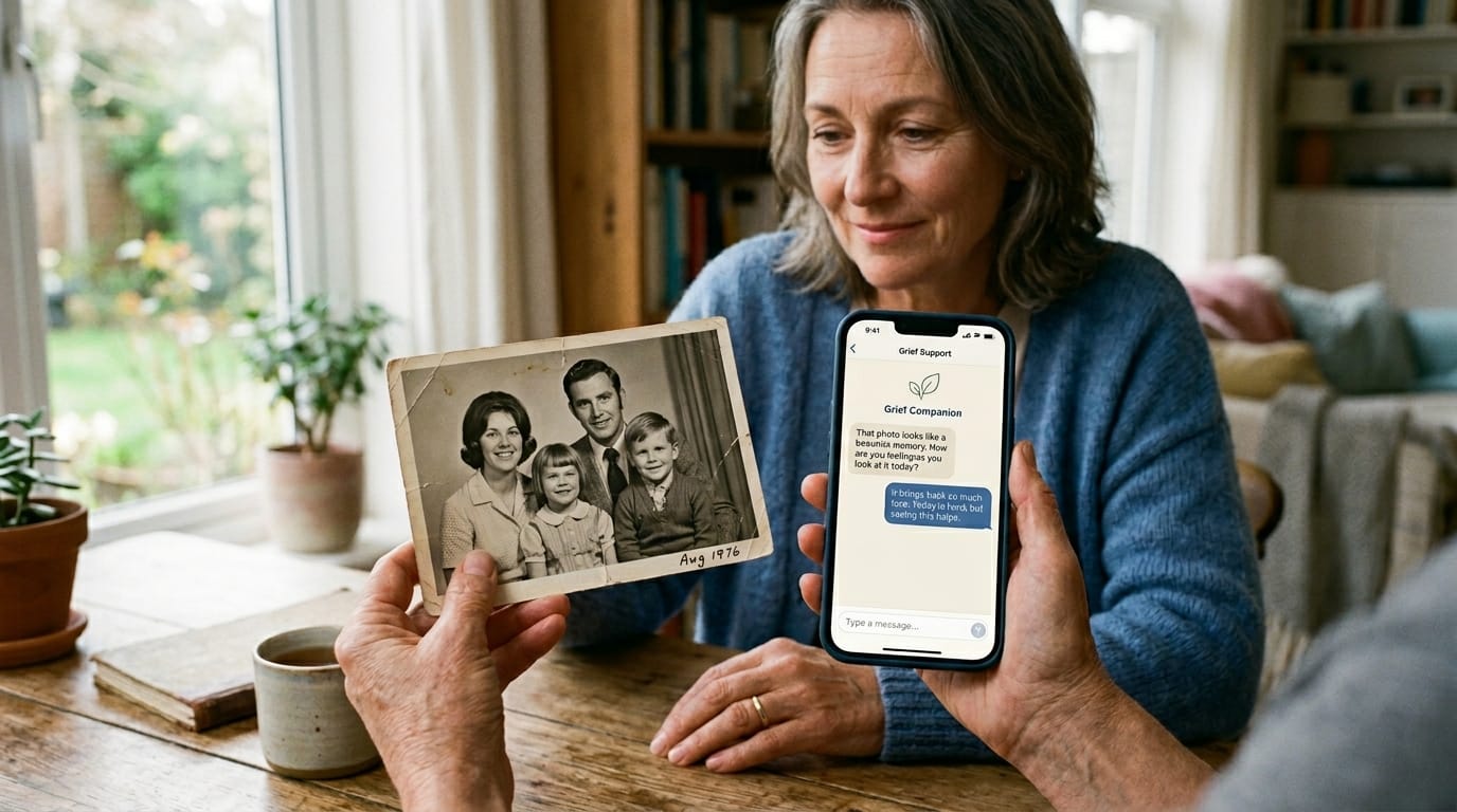 Person comparing real memories with an AI griefbot conversation
