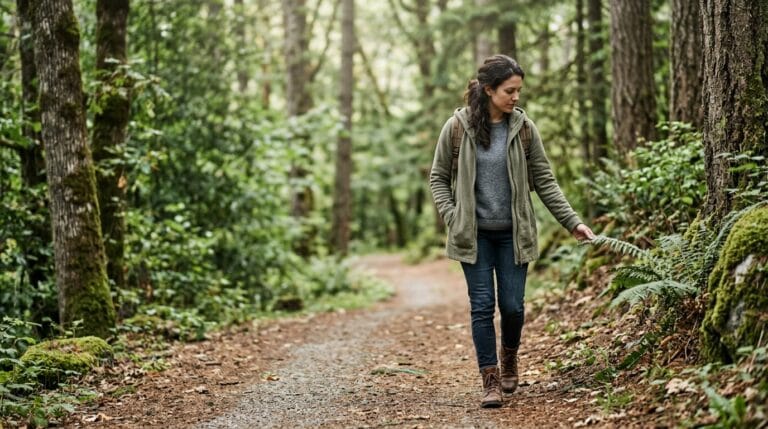 Trauma survivor taking a peaceful walk to protect emotional well-being without isolation