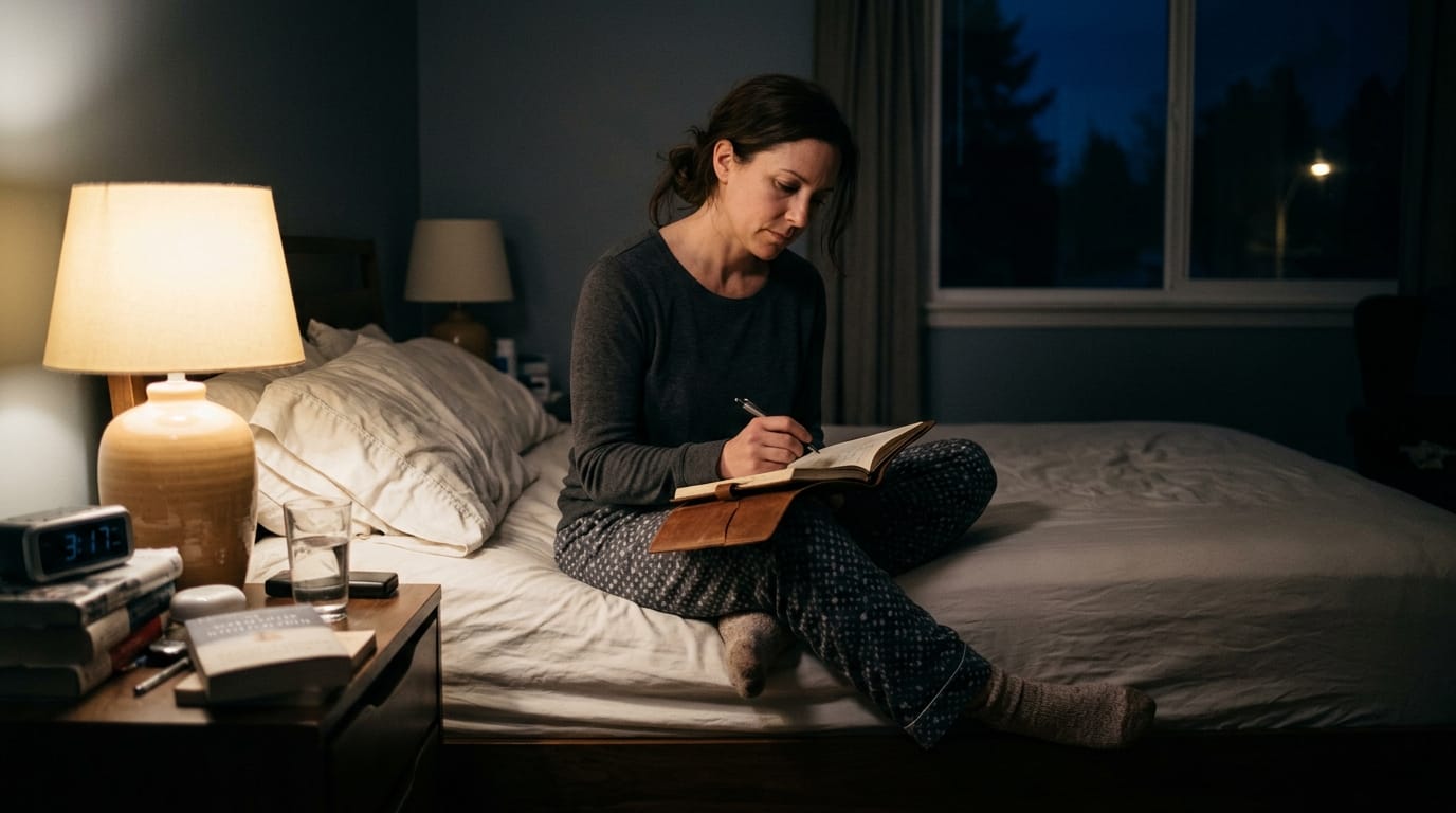 Person journaling at night while coping with trauma-related sleep fear