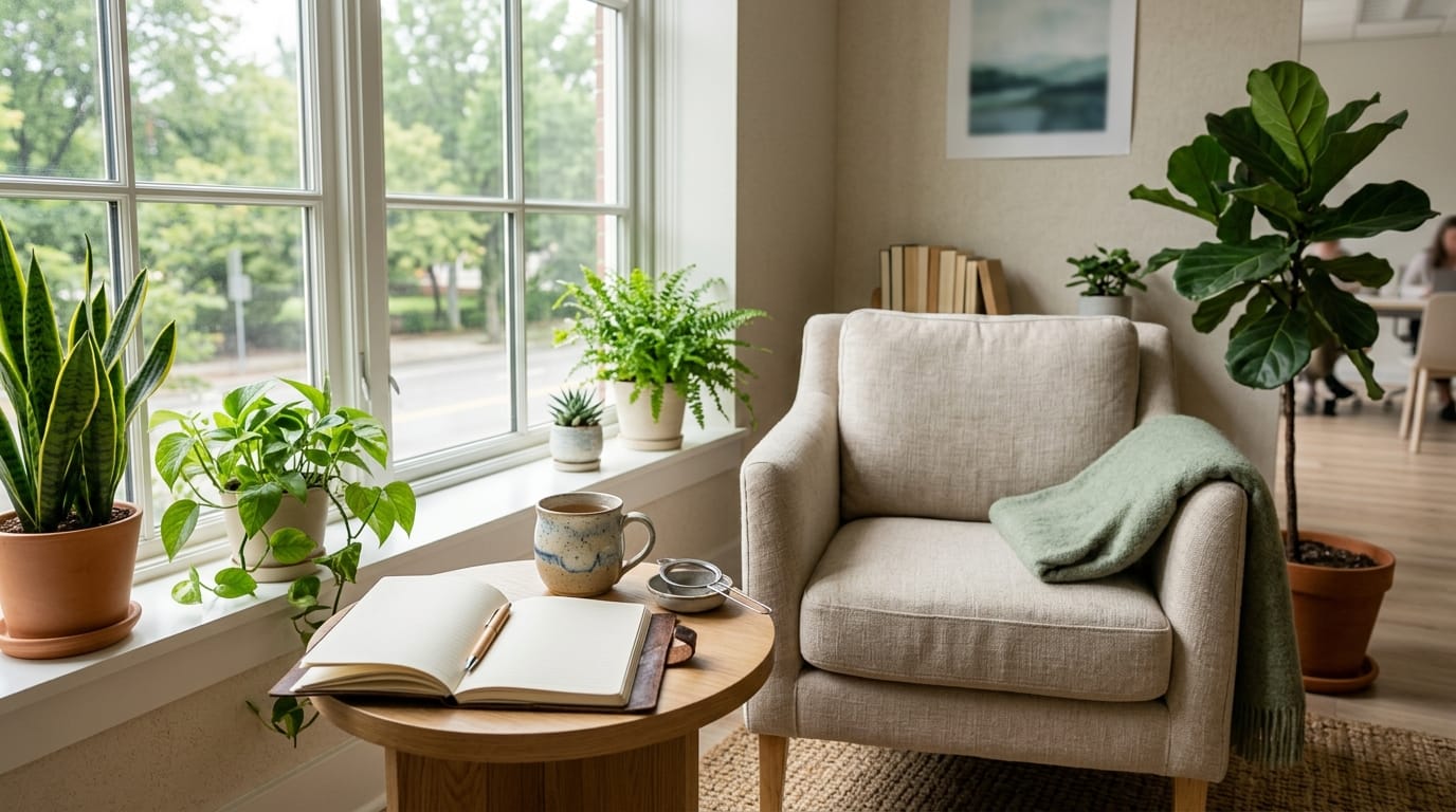 Quiet office wellness space for emotional regulation at work